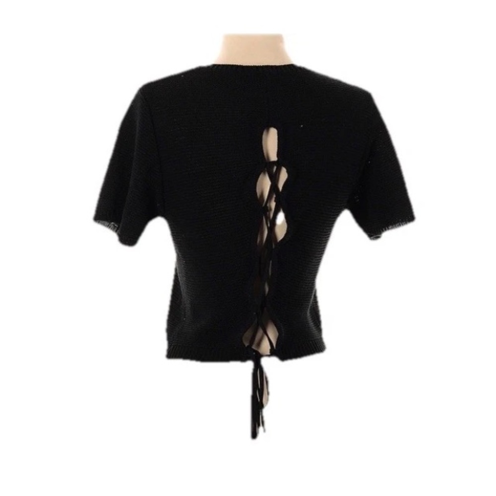 Le Lis Open Corset Tie Back Knit Boxy Top Black Short Sleeved Cropped Small